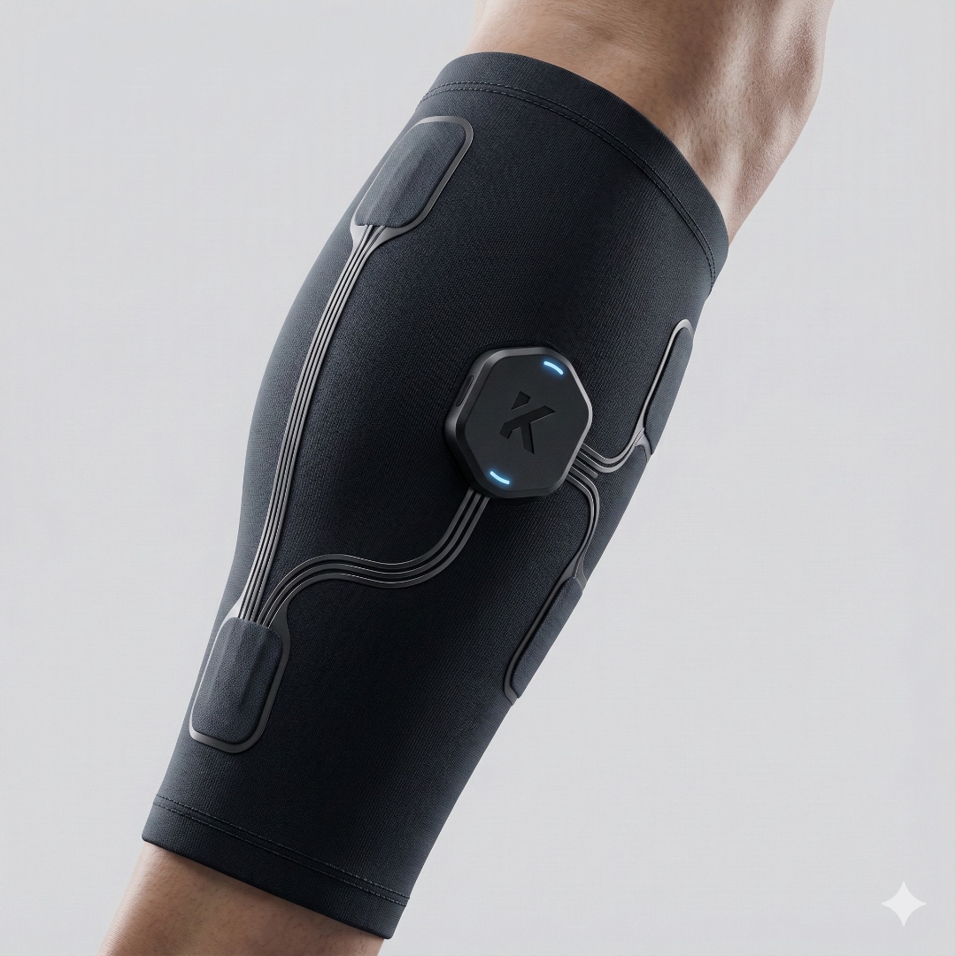 Kineura lower-leg biosensor sleeve worn on a calf, showing the central hub, integrated electrode pads, and signal traces
